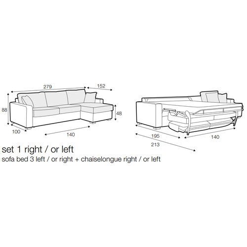 LAINA SET 1 – 3 SEATER SOFA BED WITH CHAISELONGUE (BED SURFACE 140 x 195 x 57cm)