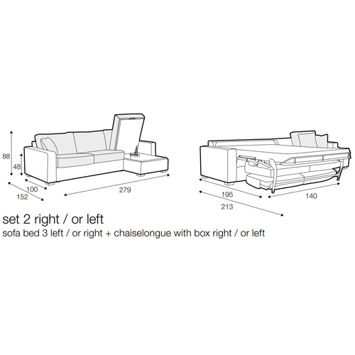 LAINA SET 2 – 3 SEATER SOFA BED WITH STORAGE CHAISELONGUE (BED SURFACE 140 x 195 x 57cm)