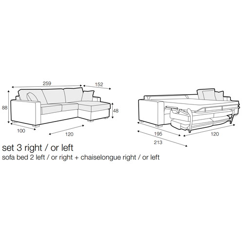 LAINA SET 3 – 2 SEATER SOFA BED WITH CHAISELONGUE (BED SURFACE 120 x 195 x 57cm)